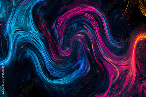 Luminous neon swirls creating surreal landscape of vibrant hues. Abstract artwork on black background.