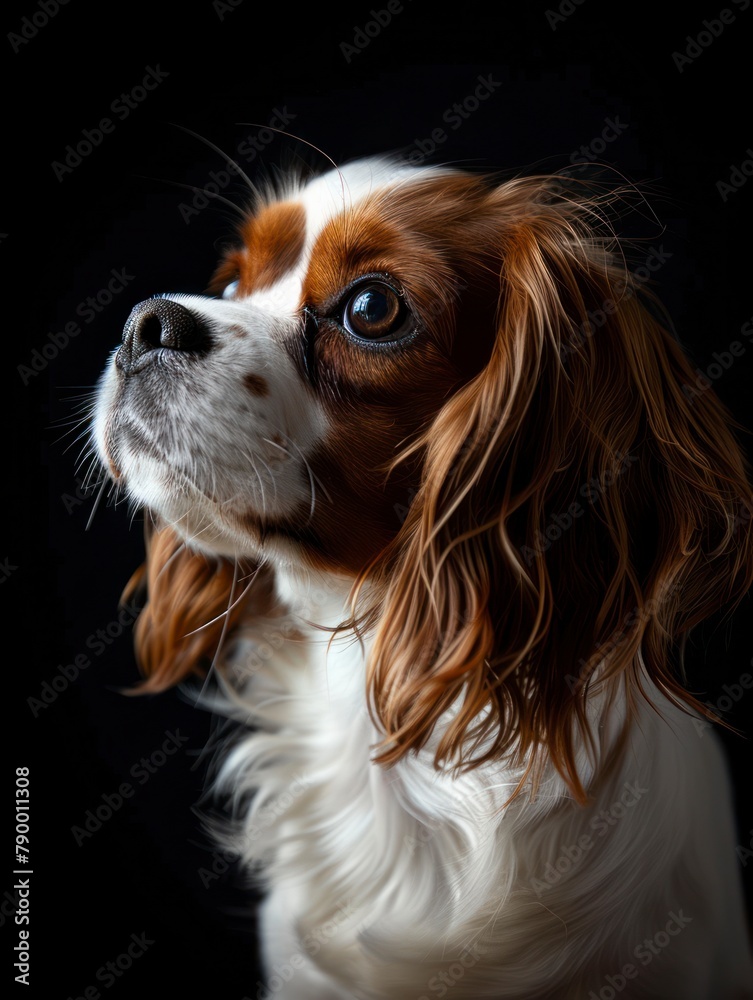 Naklejka premium Studio portrait of a dog over a black background cavalier king charles spaniel