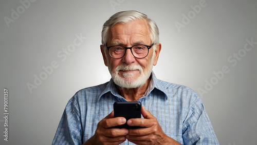 Senior citizen trying to use a smartphone on a clean background © The A.I Studio