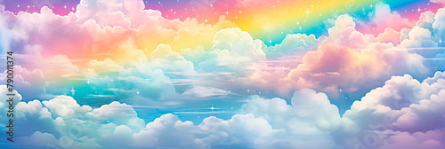 playful watercolor background featuring a vivid rainbow stretching across the sky, leading to a world of color and enchantment.