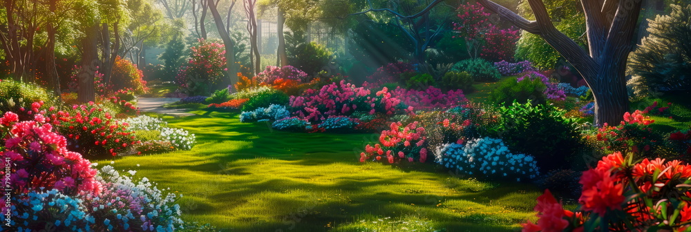 Naklejka premium spring gardens with dynamic oil paintings showcasing colorful flower beds, manicured lawns, and winding pathways.