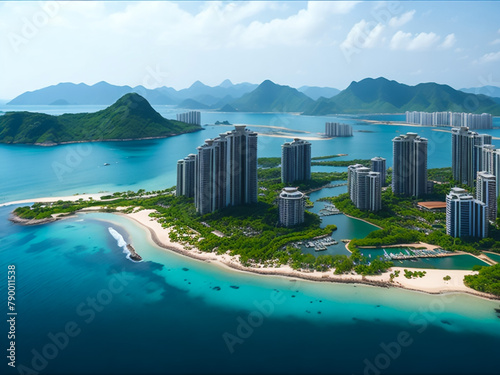 Sanya Banshan Peninsula Sailboat Port and Yacht Harbor  Hainan Island  China  a Tourism Destination for Summer Vacation in Asia  with Tropical Climate and Beautiful Landscape. Aerial View. 