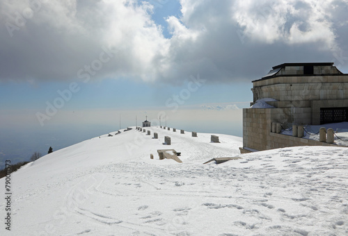 Pieve, TV, Italy - March 13, 2024: Military Memorial of Monte Grappa an ossuary of First World War in winter