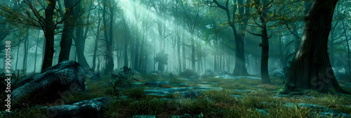 a haunted forest with eerie fog and ghostly figures,