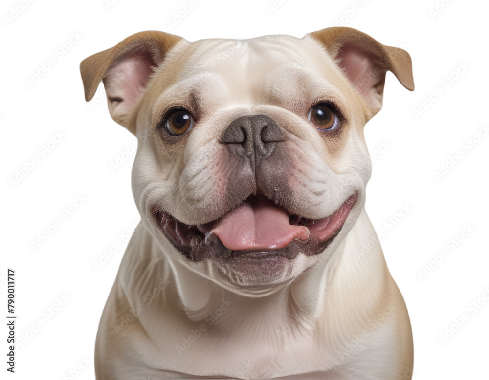 Cute fluffy portrait smile Puppy dog Bulldog that looking at camera isolated on clear png background