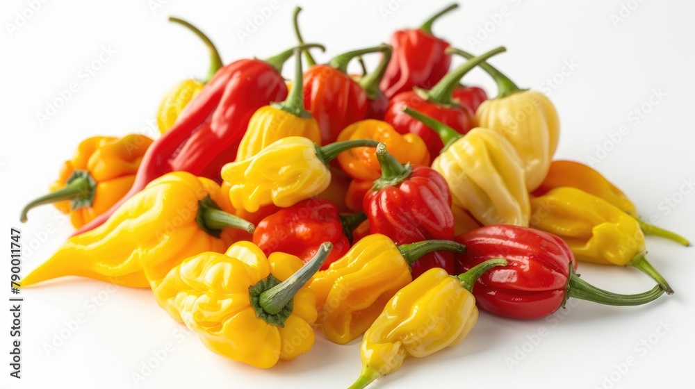 Close up of a blend of fresh yellow and red Adjuma peppers along with red and green rawit peppers isolated on a white background Close up of a blend of fresh yellow and red Adjuma peppers along with red and green rawit peppers isolated on a white background