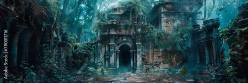 mysterious ancient ruin emerging from the mist, its crumbling walls painted in the enchanting style of watercolor.