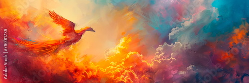 mystical creature such as a phoenix , soaring through the sky against an enchanted watercolor backdrop