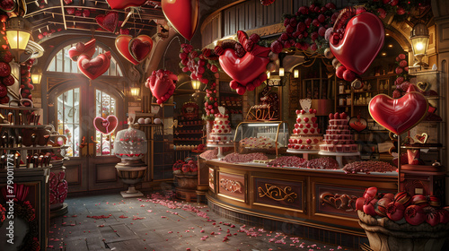 A delightful Valentines Day-themed confectionery. decorated with romantic adornments and assorted sweets