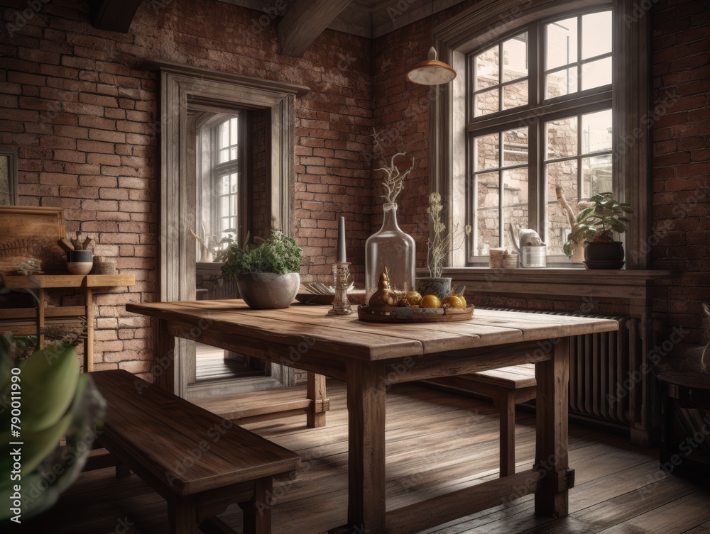 A rustic dining room with a large wooden table and exposed brick walls A rustic dining room with a large wooden table and exposed brick walls