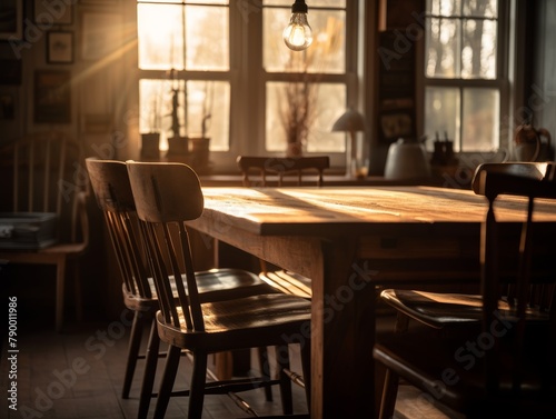 A rustic wooden dining table surrounded by mismatched chairs in a warm-toned dining room © CG Design