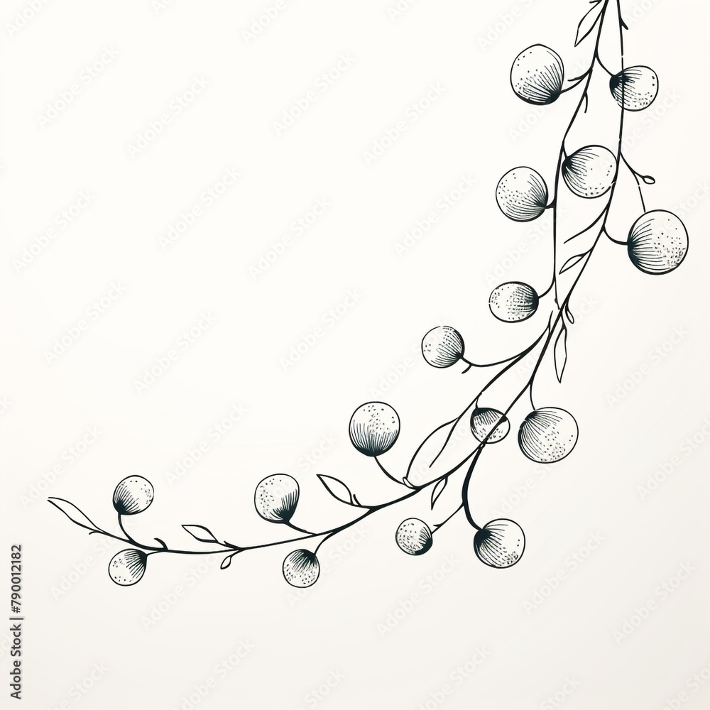 Obraz premium a set of illustrated single, single-colored twigs with rounded leaves and balls in a lineart style, drawn with a fineliner сreated with Generative Ai