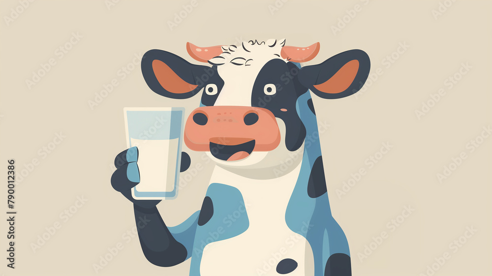 A cartoon cow is holding a glass of milk and smiling.
