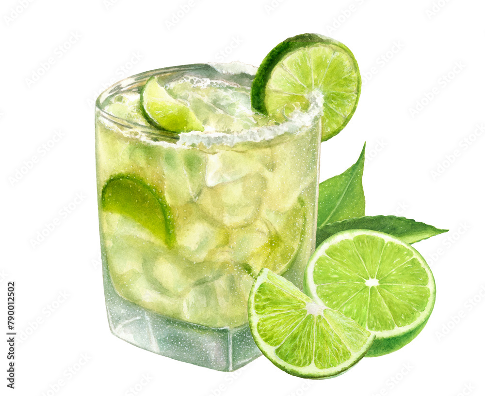 Watercolor illustration of Margarita cocktail glass with limes close up. Design template for packaging, menu, postcards. Watercolor illustration of Margarita cocktail glass with limes close up. Design template for packaging, menu, postcards.