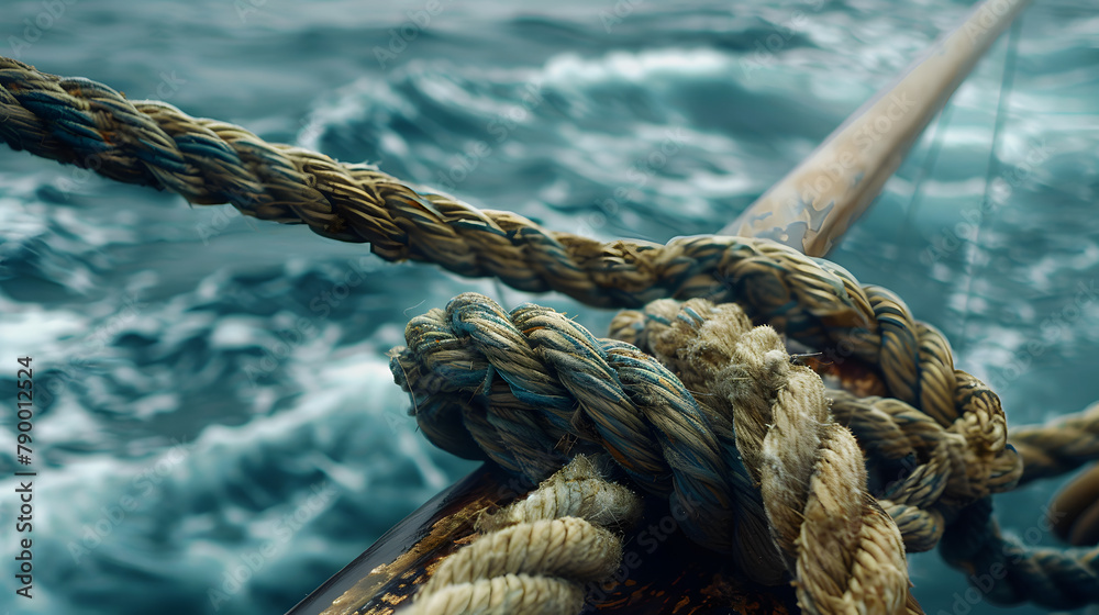 A detailed view of a sailors rope as they navigate the seas. highlighting its strength and dependability in nautical conditions. The focus is on elements like knots A detailed view of a sailors rope as they navigate the seas. highlighting its strength and dependability in nautical conditions. The focus is on elements like knots