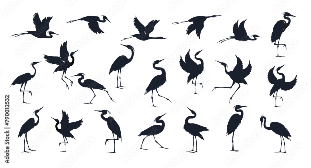 Naklejka premium Heron birds silhouette set isolated on white background. Flying, standing, running, walking and dancing herons. Vector drawings collection.