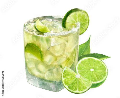 Watercolor illustration of Margarita cocktail glass with limes close up. Design template for packaging, menu, postcards.