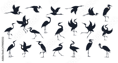 Heron birds silhouette set isolated on white background. Flying, standing, running, walking and dancing herons. Vector drawings collection.