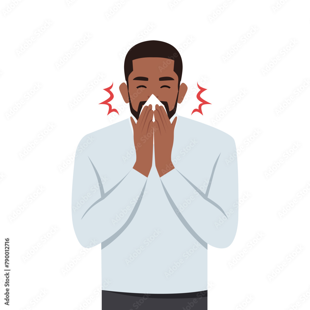 Young man sneezing in handkerchief. Flat vector illustration isolated on white background Young man sneezing in handkerchief. Flat vector illustration isolated on white background