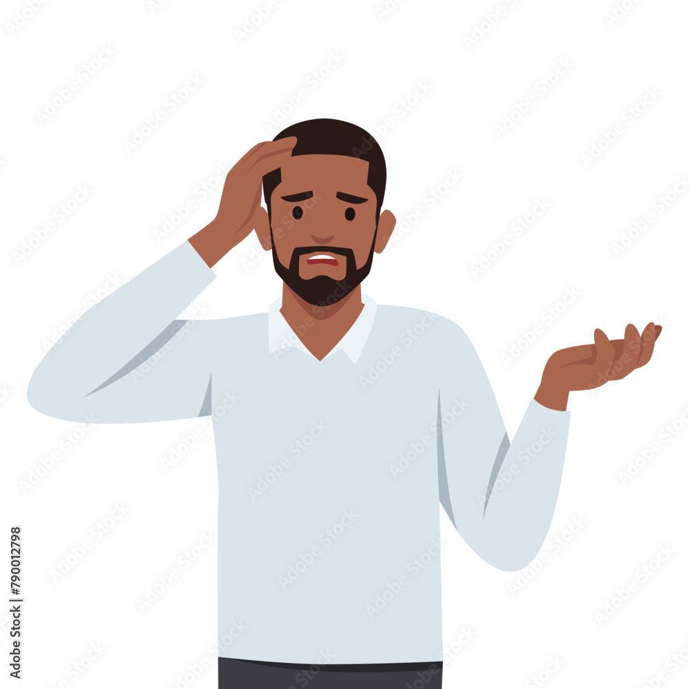 Frustrated stressed man suffering from headache holding hands on head. Flat vector illustration isolated on white background Frustrated stressed man suffering from headache holding hands on head. Flat vector illustration isolated on white background