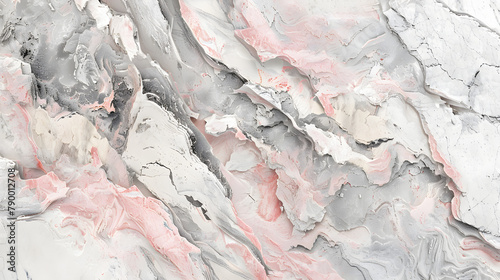 A detailed view of an abstract limestone texture. with twisting hues in tones of pink and gray. The backdrop is white