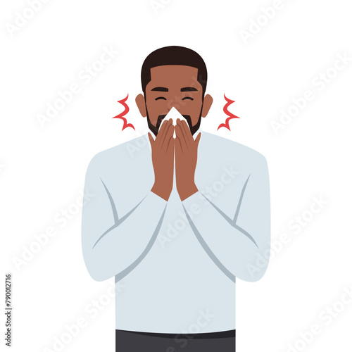Young man sneezing in handkerchief. Flat vector illustration isolated on white background
