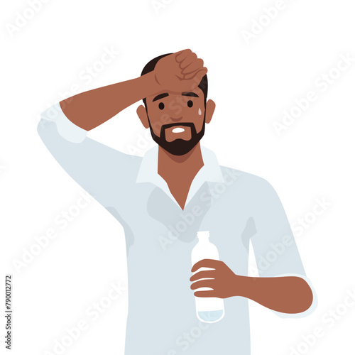 Young black man got sunburn in very hot summer days, man exhausted and sunburn. Flat vector illustration isolated on white background