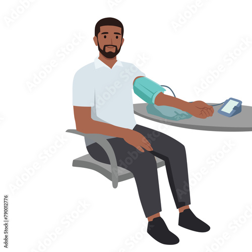Young black man taking his blood pressure at home. Healthy lifestyle. Flat vector illustration isolated on white background