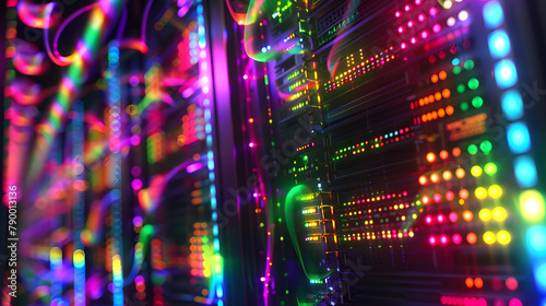 A digital portrayal of a symbol denoting database security. displaying elements like server rack diagrams and lock symbols in rainbow laser lights on a black silk background