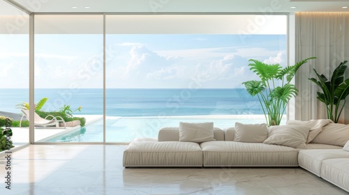 A large white couch is in front of a large window overlooking the ocean. The couch is covered in pillows and a potted plant is on the floor. The room has a clean and modern look