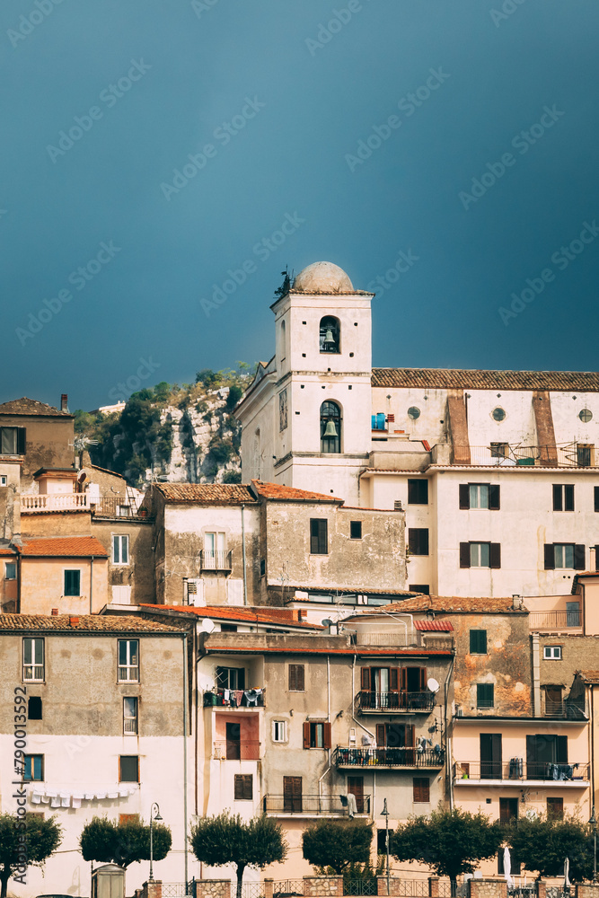 Monte San Biagio, Italy. Top View Of Residential Area. Cityscape In Autumn Day Under Blue Sky.