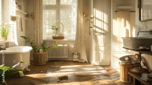 A bathroom with a white door and a white curtain. The room is bright and clean, with a white rug and a potted plant