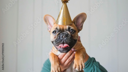 Small Dog Wearing Gold Party Hat photo