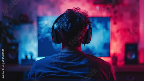Man Wearing Headphones Watching TV