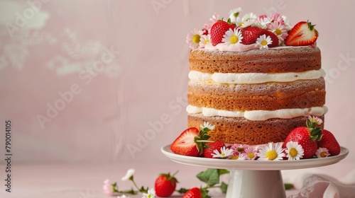 Elegant Multi Layer Cake With Strawberries and Daisies