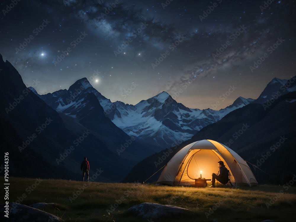 A tent and hikers nestled in a valley beneath a sky full of stars, embraced by towering mountains.
