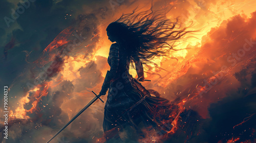 Powerful fantasy woman warrior with flowing hair 