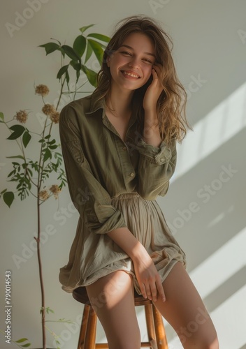 Woman Sitting on Stool Next to Plant