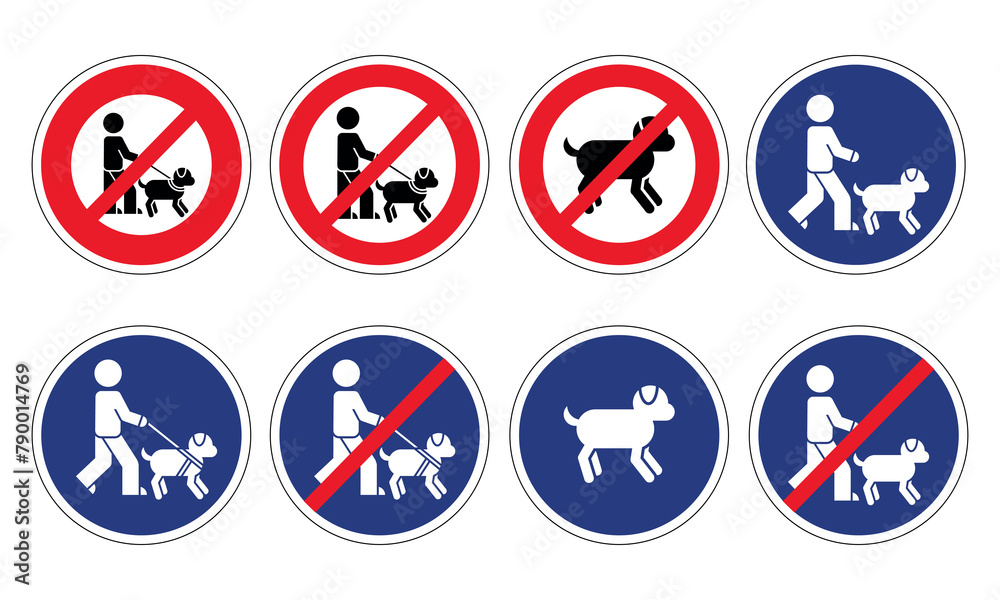 Série de panneaux routiers avec des pictogrammes pour informer les promeneurs du comportement a avoir avec leur chien dans un lieu public.