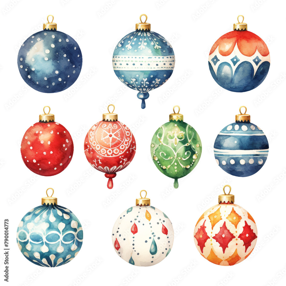 Set of Christmas baubles in watercolor style сreated with Generative Ai