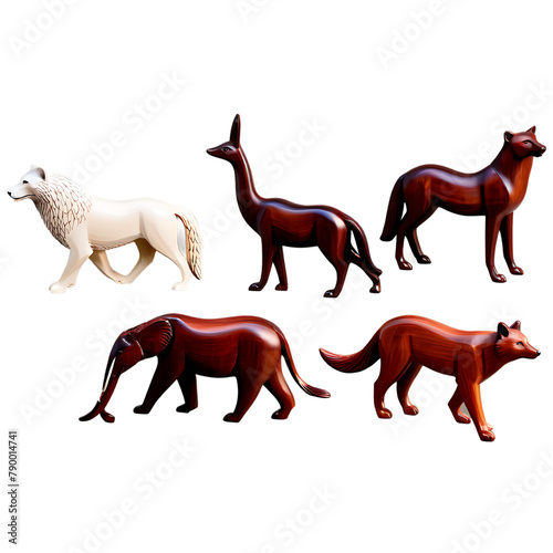 A collection of hand-carved mahogany animal figurines Transparent Background Images 