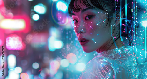An Asian woman stands amidst an abstract digital background in white futuristic attire, her gaze directed towards the camera