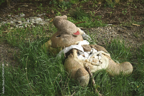 Принти на полотні Still life of an adorable brown stuffed elephant, that lies destroyed on the floor