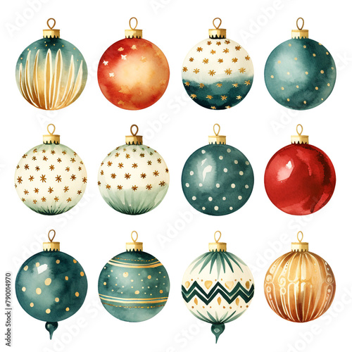 Set of Christmas baubles in watercolor style   reated with Generative Ai