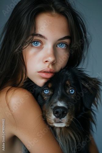 Woman With Blue Eyes Holding Black Dog