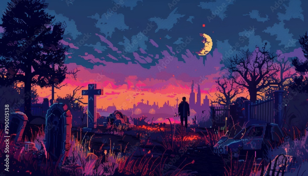 Craft a haunting scene depicting a virtual reality experience of historical events using pixel art techniques The juxtaposition of the past and future should be evident in the details and colors chose