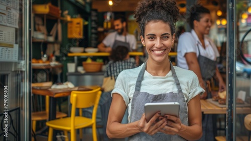 Woman Holding Tablet in Front of Restaurant