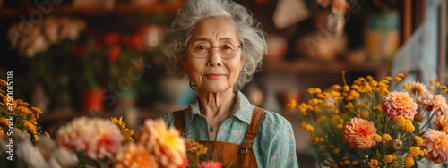 older asian woman sell flowers in her shop. small businesses concept. heading back to work, reentering the workforce, financial stability style. photo