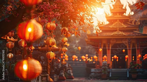 banner background Theravada New Year Day theme, and wide copy space, A serene and peaceful image of a Buddhist temple with lanterns and decorations for the New Year celebration, for banner,  © AliaWindi