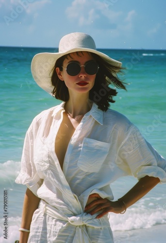 Woman Standing on Beach With Hat and Sunglasses